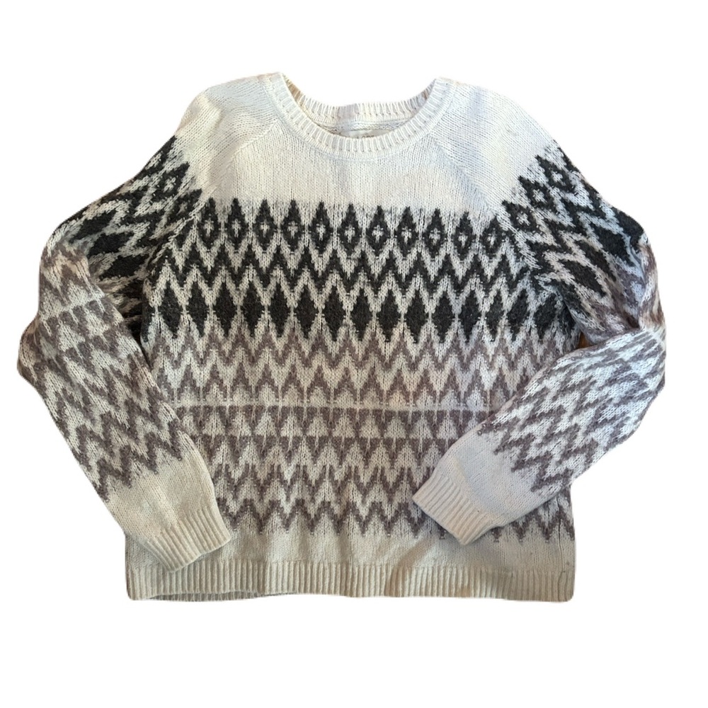 LOFT Fair Isle Knit Sweater Cream cozy wool black gray mohair cotton nylon rayon